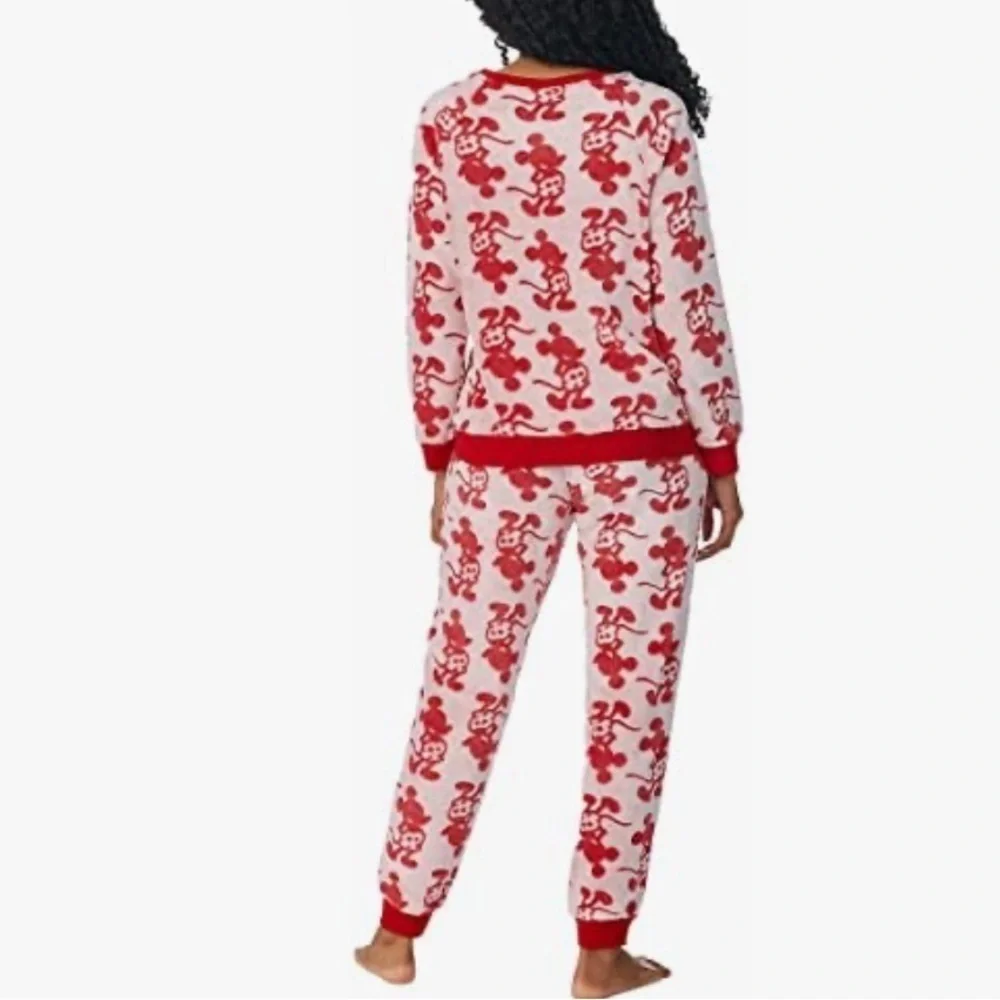 Disney Fleece Mickey Mouse Pajama Set Top Pants Red Cream Medium - Picture 3 of 15